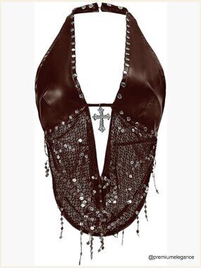 PU Leather Halter Crop Top Sequin Y2K Rave Vest